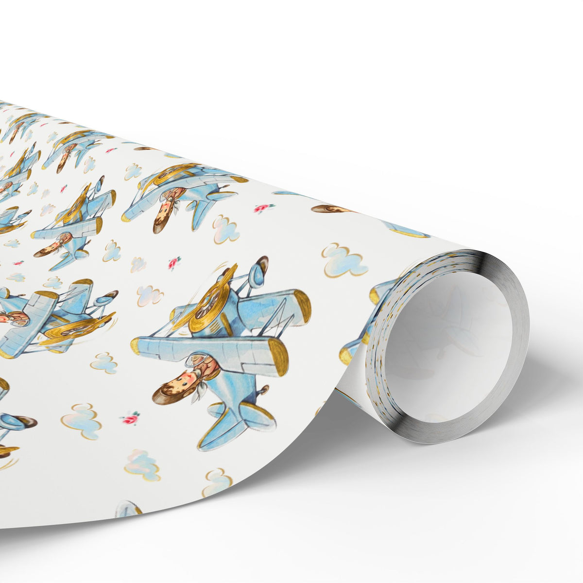 Roll of boy airplane wrapping paper featuring a repeating blue vintage biplane pattern.