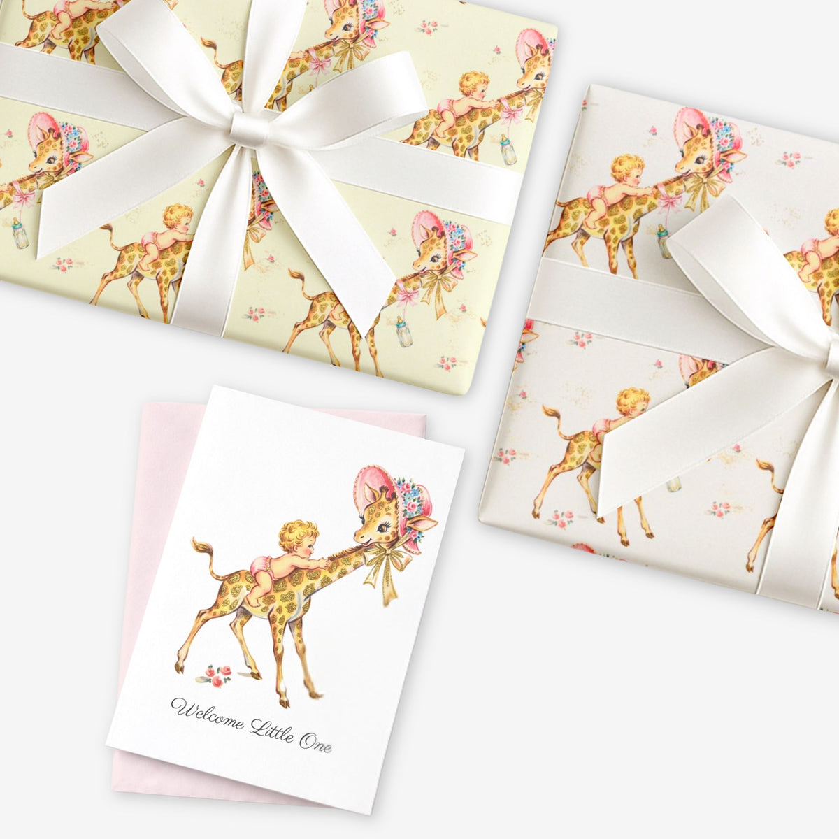 Vintage-style baby giraffe wrapping paper with a matching greeting card.