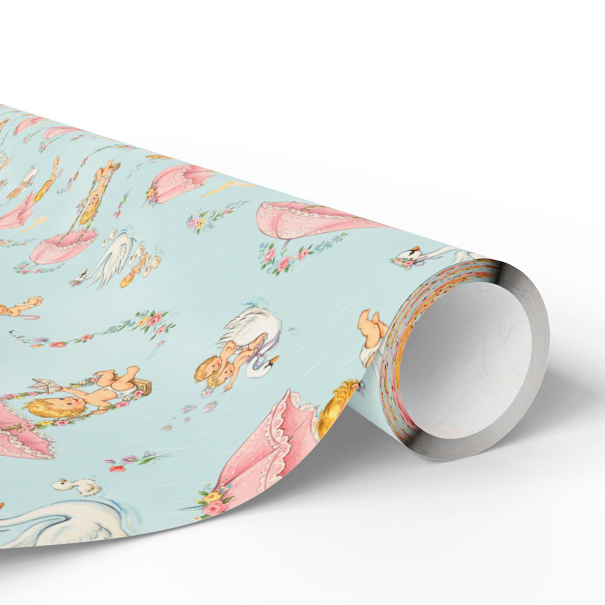 Roll of wrapping paper with a pastel design featuring swans, babies and umbrellas.