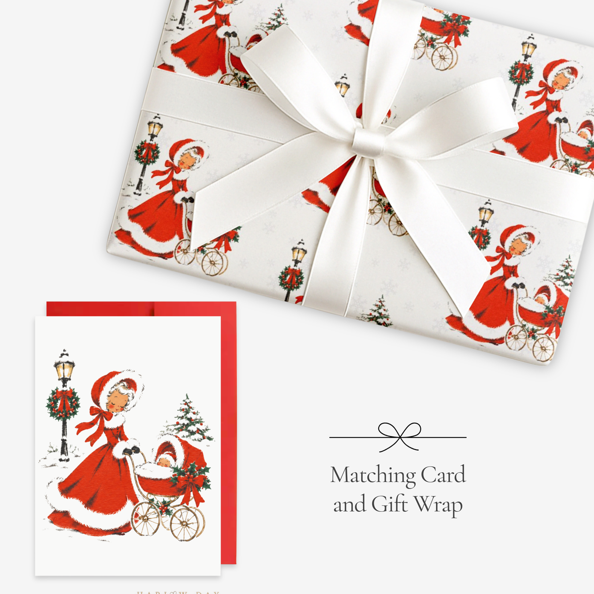 Vintage-style baby's first Christmas card and matching wrapping paper: a woman in a red coat trimmed with white fur pushes a pram with one sleepy baby, wrapped gift with a white satin bow, Baby It's Cold Outside baby shower set