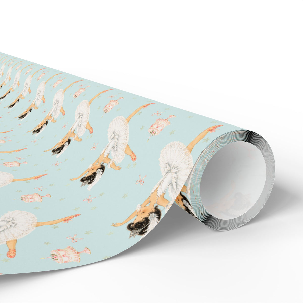 A roll of wrapping paper featuring a repeating pattern of ballerinas in white tutus on a light aqua background, shown on a clean white studio background.