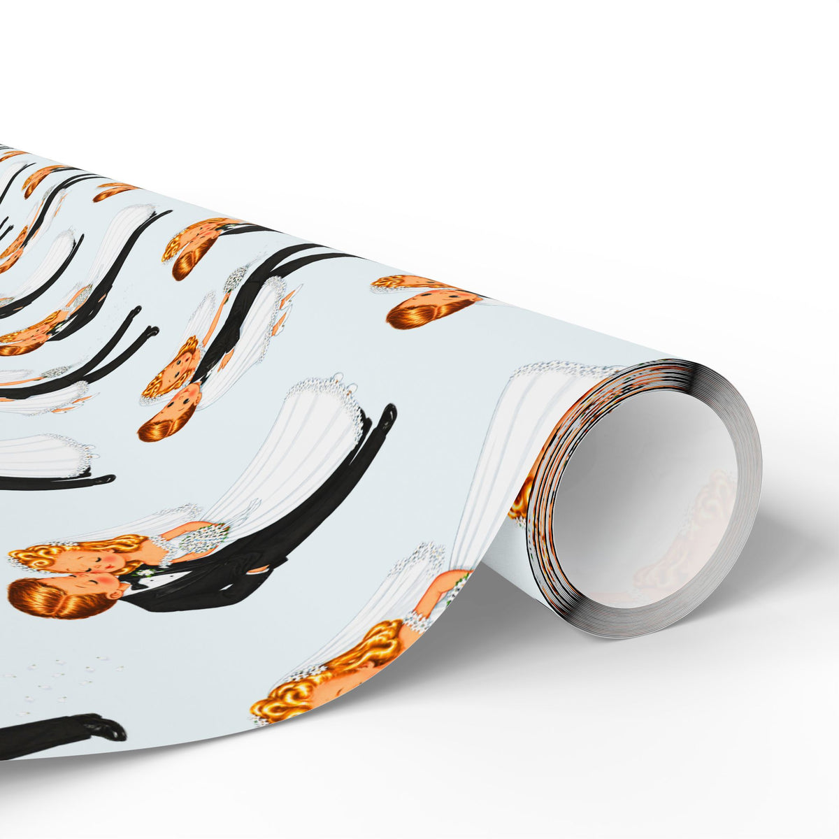A roll of wrapping paper with a mid-century illustration and a repeating pattern of a kitschy 1950s bride and groom on a blue background.