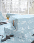 Light blue wrapping paper with a white line-art illustration pattern of carousel animals, shown wrapped around gift boxes on a table near a window, with scissors and ribbon visible.