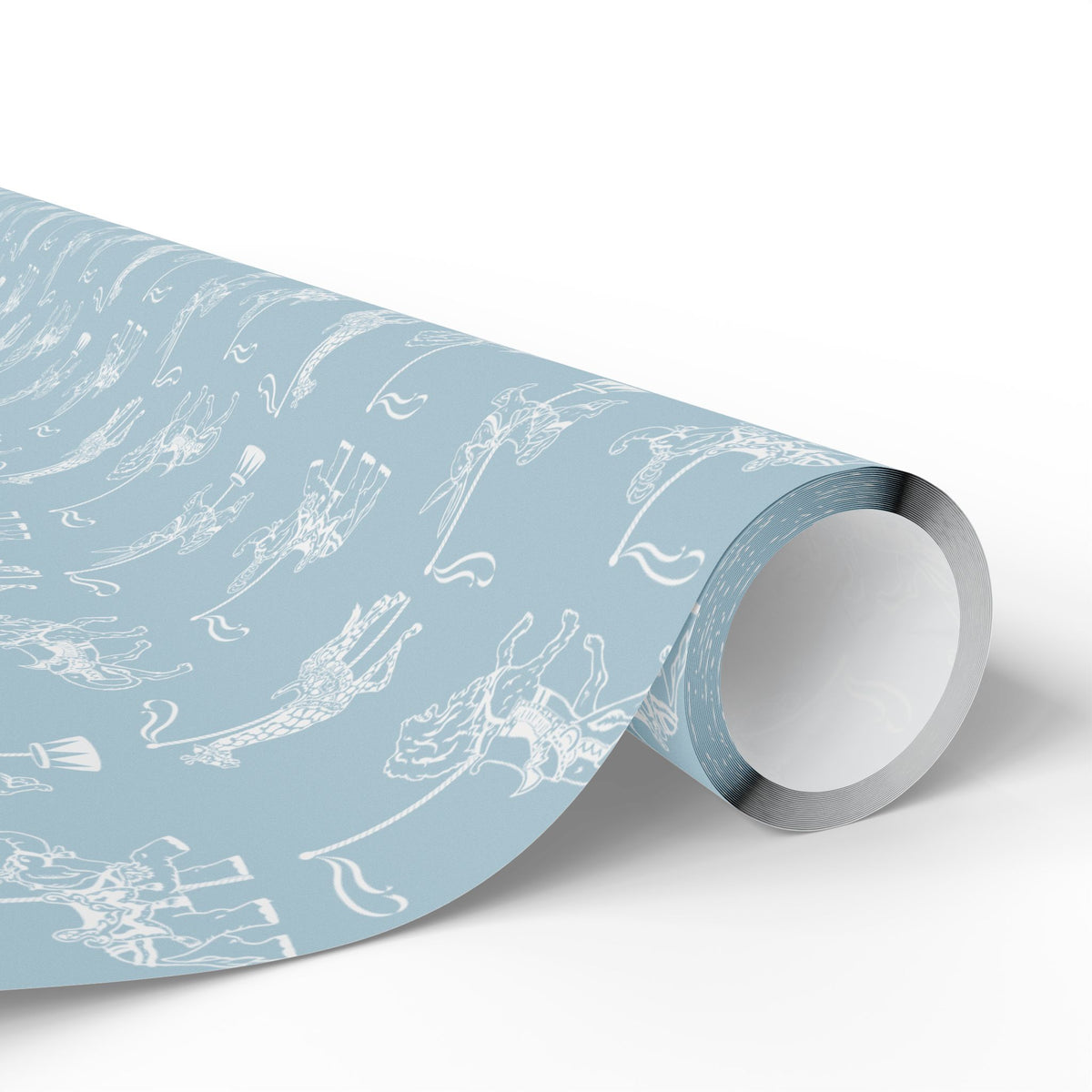 A roll of dusty blue wrapping paper with a white line-art pattern of whimsical carousel animals, shown on a clean white background.