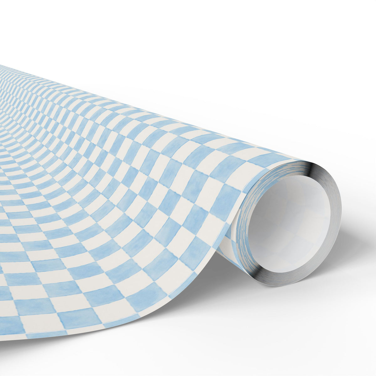 A roll of wrapping paper featuring a light blue and white checkered pattern, shown partially unrolled on a clean white background.