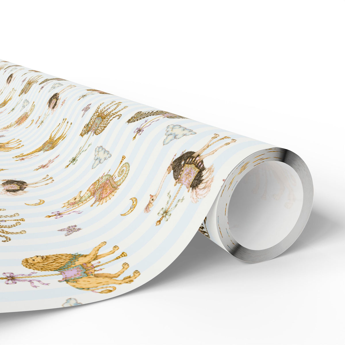 Roll of Carousel Menagerie wrapping paper featuring whimsical carousel animals on blue stripes.
