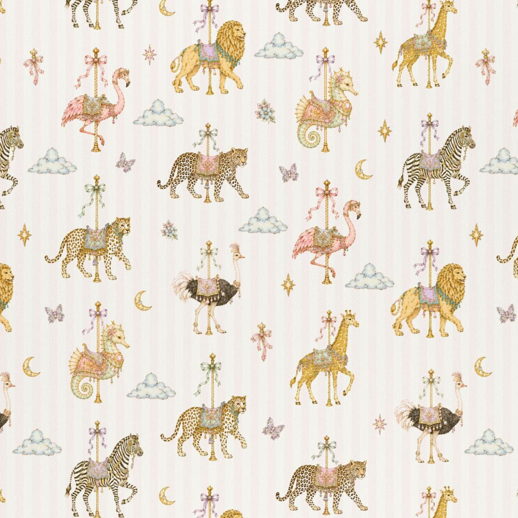 Flat lay of the complete repeating carousel wrapping paper design with whimsical animals, carousel details, and soft pink stripes.