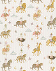 Flat lay of the complete repeating carousel wrapping paper design with whimsical animals, carousel details, and soft pink stripes.