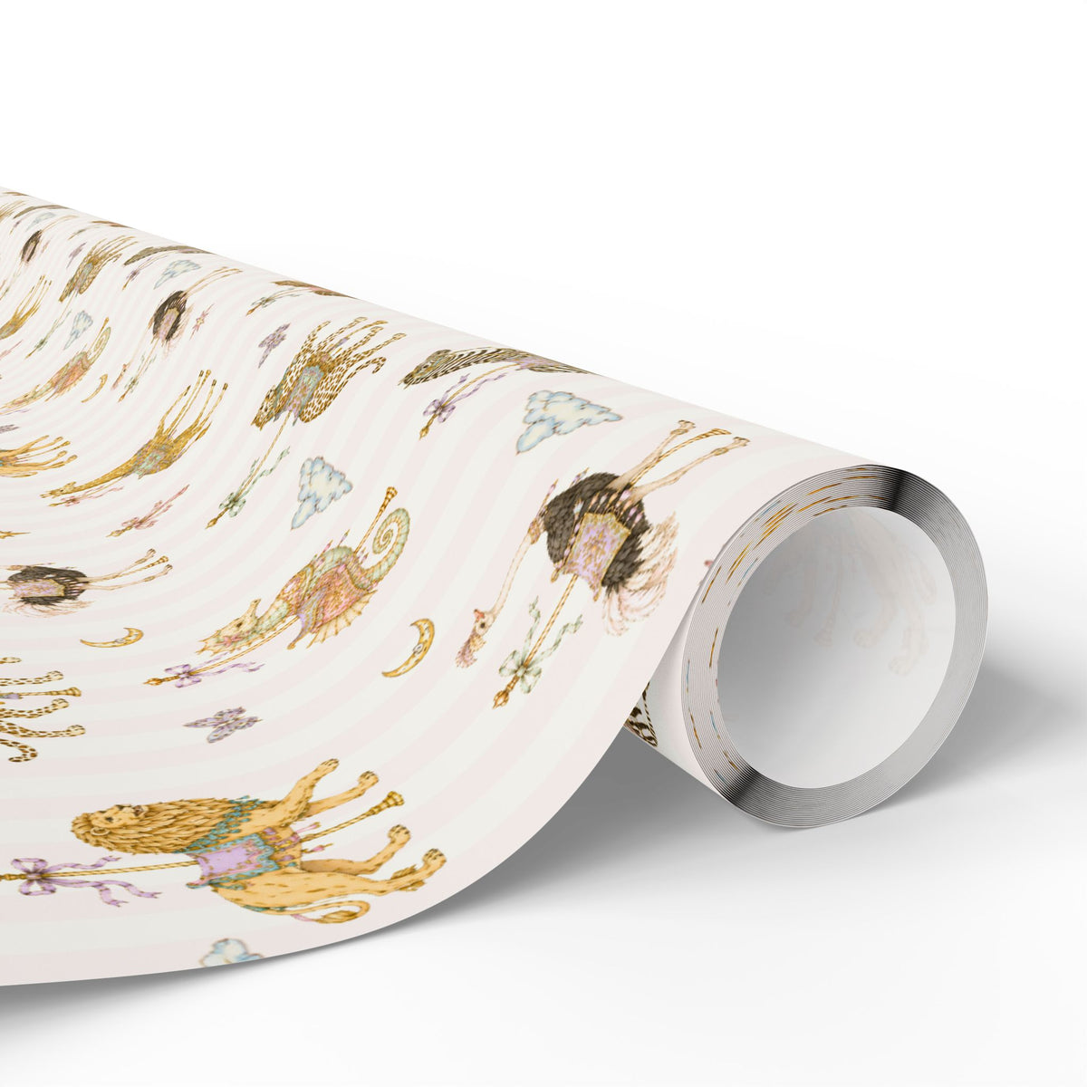 Roll of Carousel Menagerie wrapping paper featuring whimsical carousel animals on soft pink stripes.
