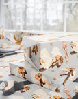 Gift wrapped in western wedding paper featuring illustrated bridal couples, pink ribbons, and horseshoes.