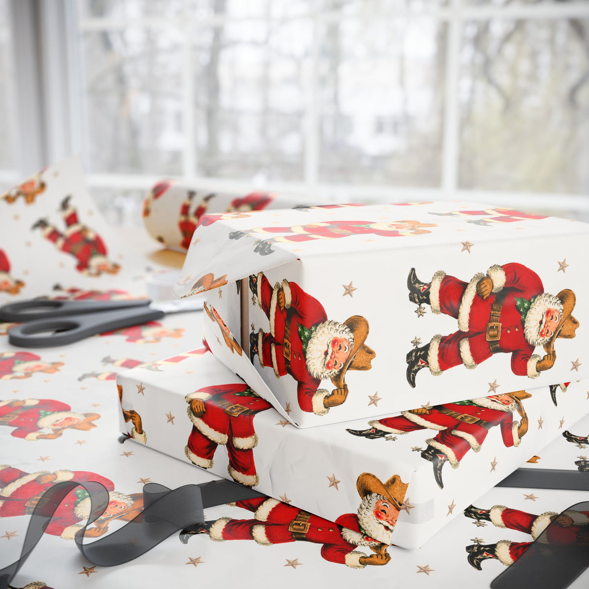White wrapping paper with a vintage Christmas western style Santa Claus print, shown wrapped around gift boxes on a table with scissors and ribbon nearby.