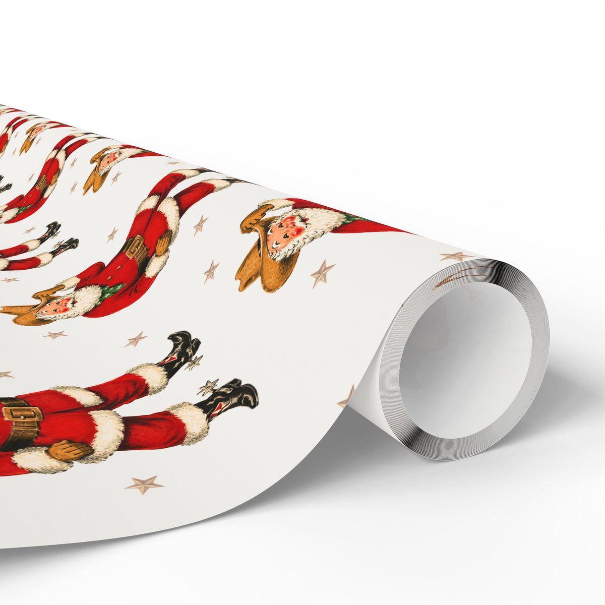A roll of wrapping paper with a vintage-style print of Santa Claus in a cowboy hat and classic red suit.