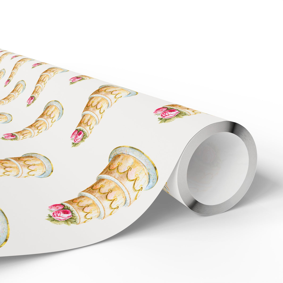 Roll of elegant wedding cake wrapping paper with tiered cakes in warm cream tones and pink roses on a soft ivory background