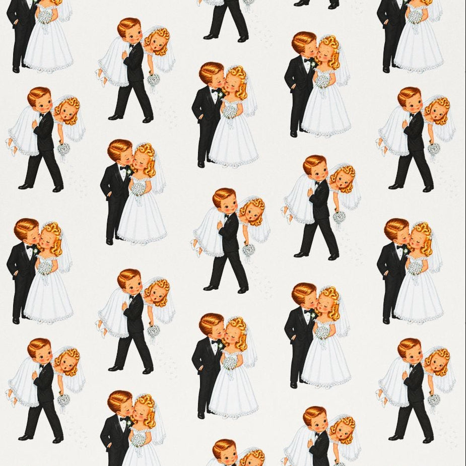 Close-up of retro wedding couple wrapping paper showing detailed illustrations of a dapper groom kissing his blonde bride and carrying her over his shoulder.