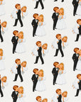 Close-up of retro wedding couple wrapping paper showing detailed illustrations of a dapper groom kissing his blonde bride and carrying her over his shoulder.