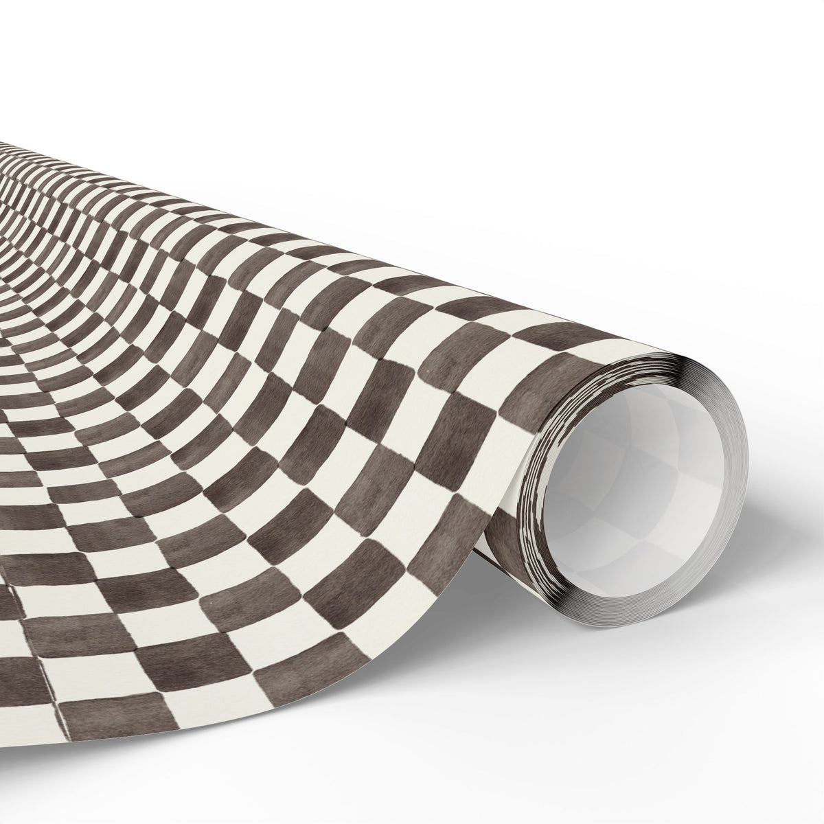 A roll of wrapping paper featuring a checkerboard pattern in dark brown and off-white, shown on a clean white background.