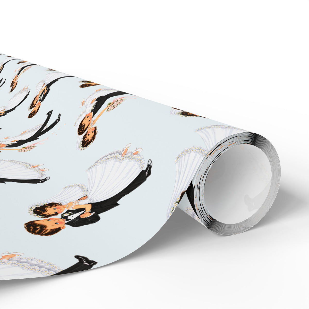 Roll of vintage-style first dance wedding wrapping paper with dancing bride and groom couples in white gowns and black tuxedos on pale blue