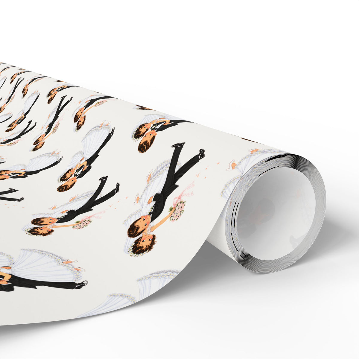 A roll of wedding wrapping paper with a repeating pattern of vintage illustrated bride and groom couples dancing joyfully.