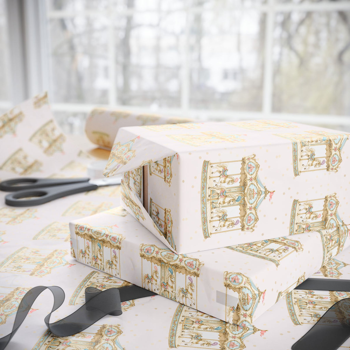 Gift boxes wrapped in light pink carousel wrapping paper.