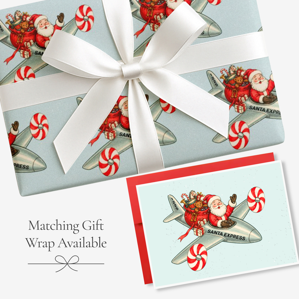 Vintage-style flying Santa airplane Christmas card with matching peppermint Santa Express gift wrap, tied with white satin ribbon