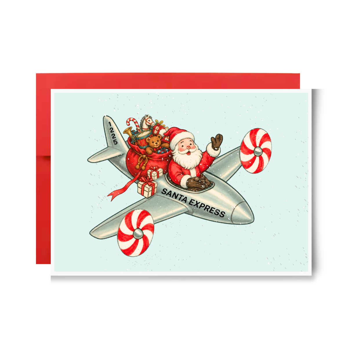 Vintage-style Santa waving from a silver Santa Express jet with peppermint candy propellers and a sack of toys, flying Santa airplane Christmas card