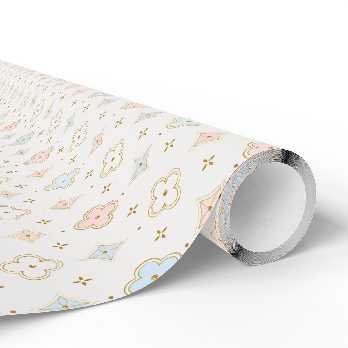 A roll of wrapping paper with a delicate pastel pattern of flowers, stars, and geometric shapes in pink, light blue, and gold on an off-white background, shown on a clean white studio background.