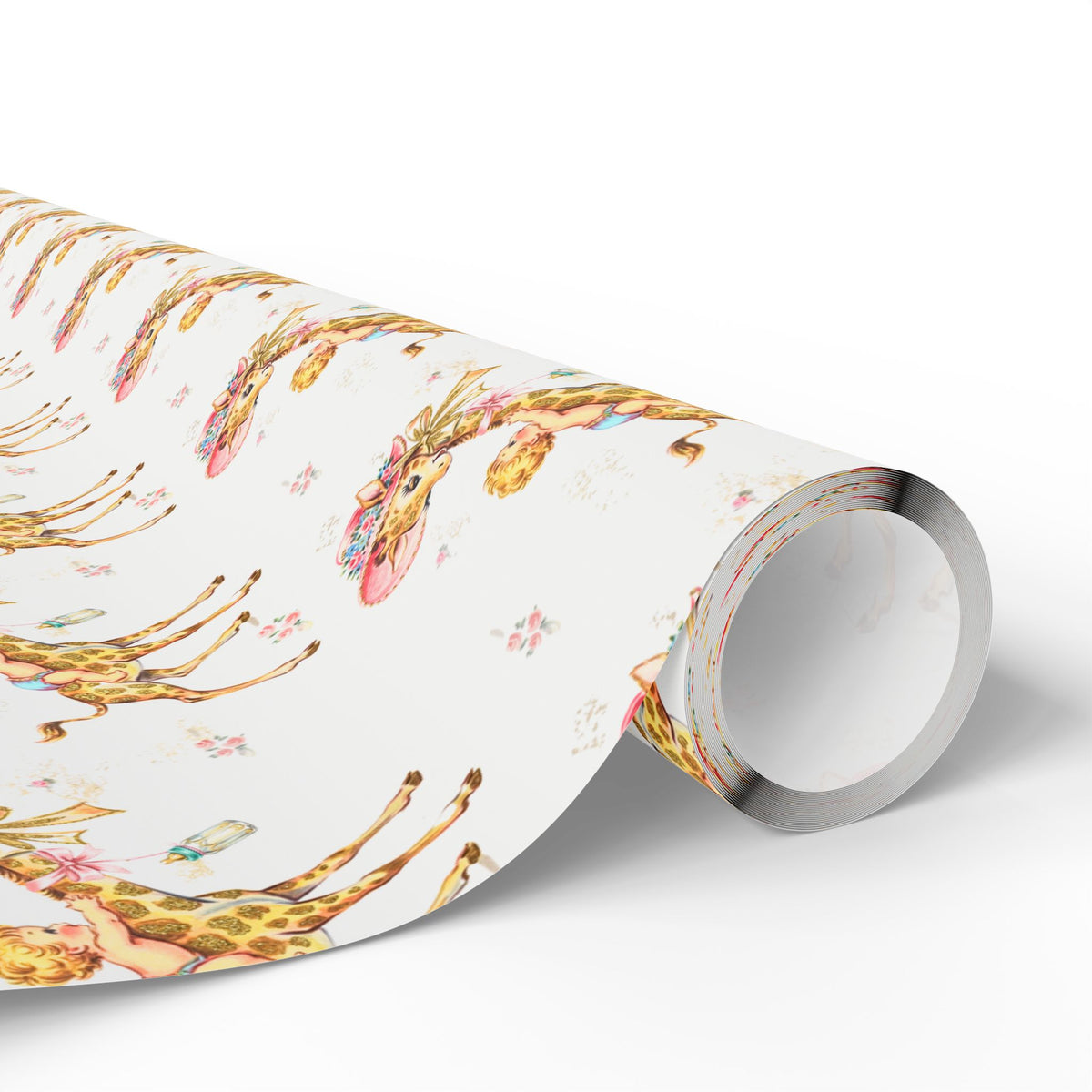 Roll of giraffe baby boy wrapping paper with a repeating pattern of baby boys riding giraffes in floral bonnets, baby bottles and tiny roses