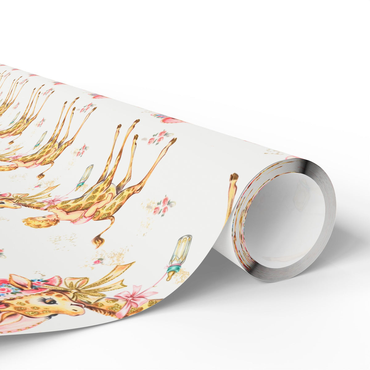 Roll of giraffe baby girl wrapping paper with a repeating pattern of baby girls riding giraffes in floral bonnets, pink bows, baby bottles and tiny roses