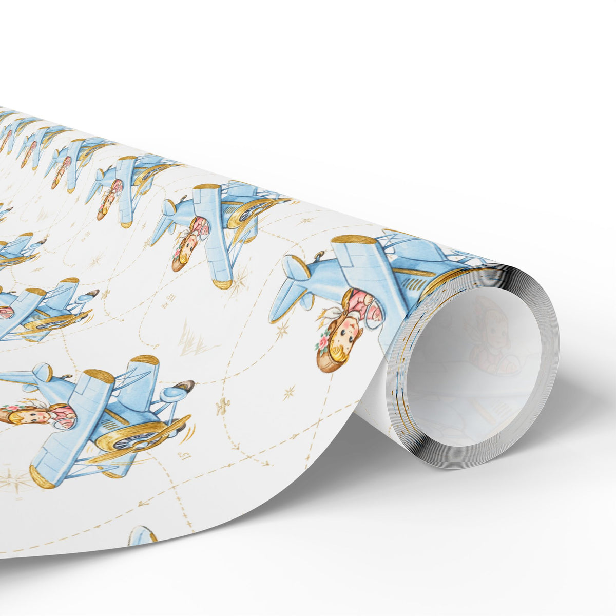 A roll of wrapping paper featuring a repeating pattern of powder blue airplanes piloted by darling little girls against a soft background with compass roses and navigation lines.