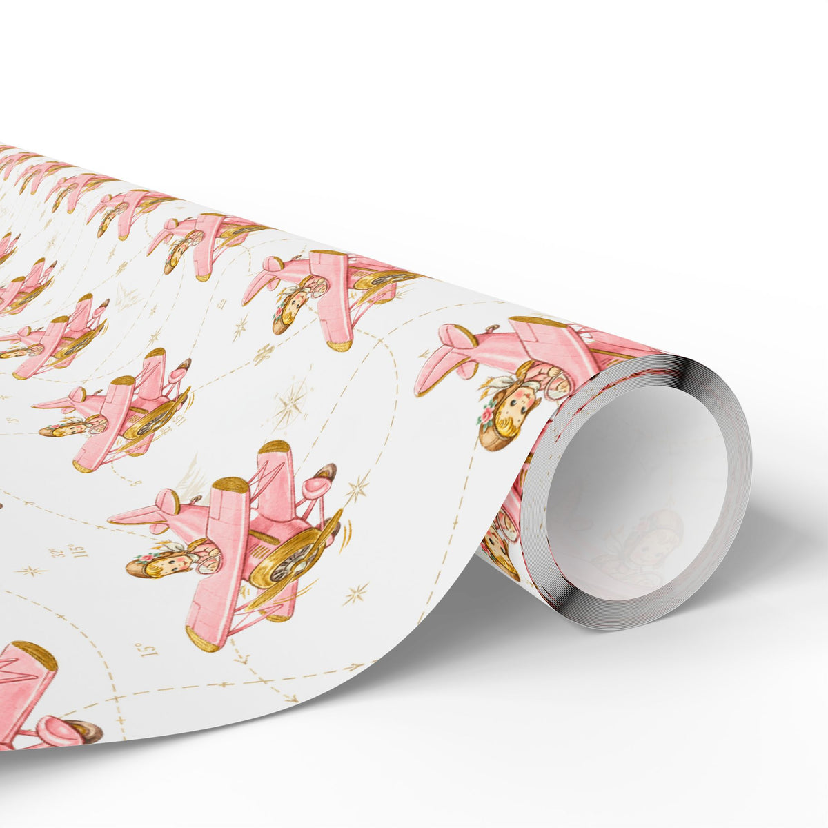 A roll of wrapping paper featuring a repeating pattern of pink airplanes piloted by darling little girls against a soft background with compass roses and navigation lines.