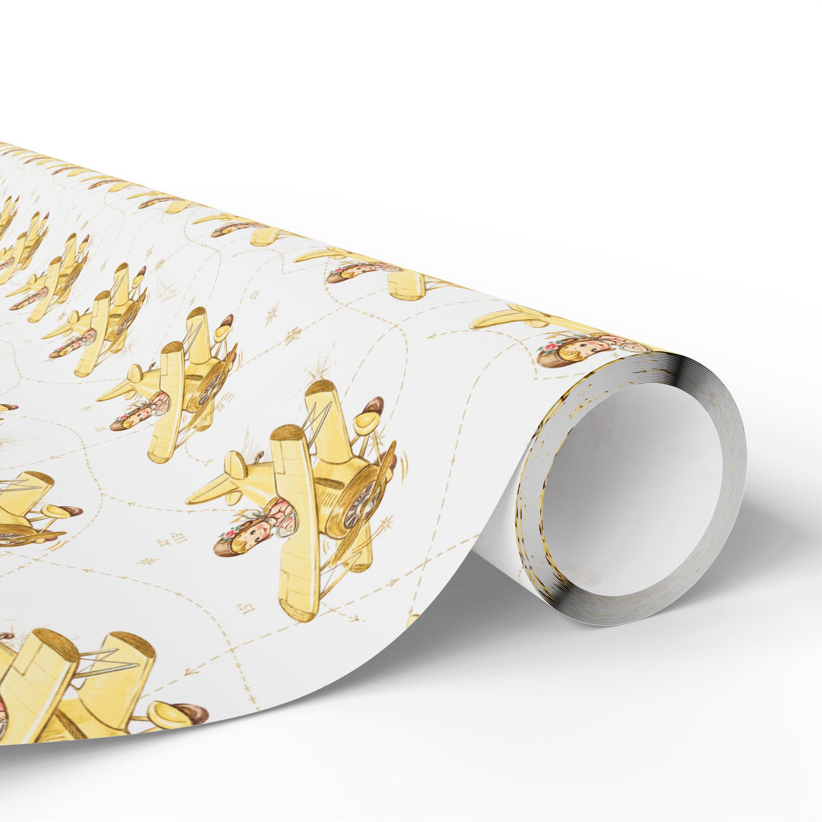 A roll of wrapping paper featuring a repeating pattern of butter yellow airplanes piloted by darling little girls against a soft background with compass roses and navigation lines.