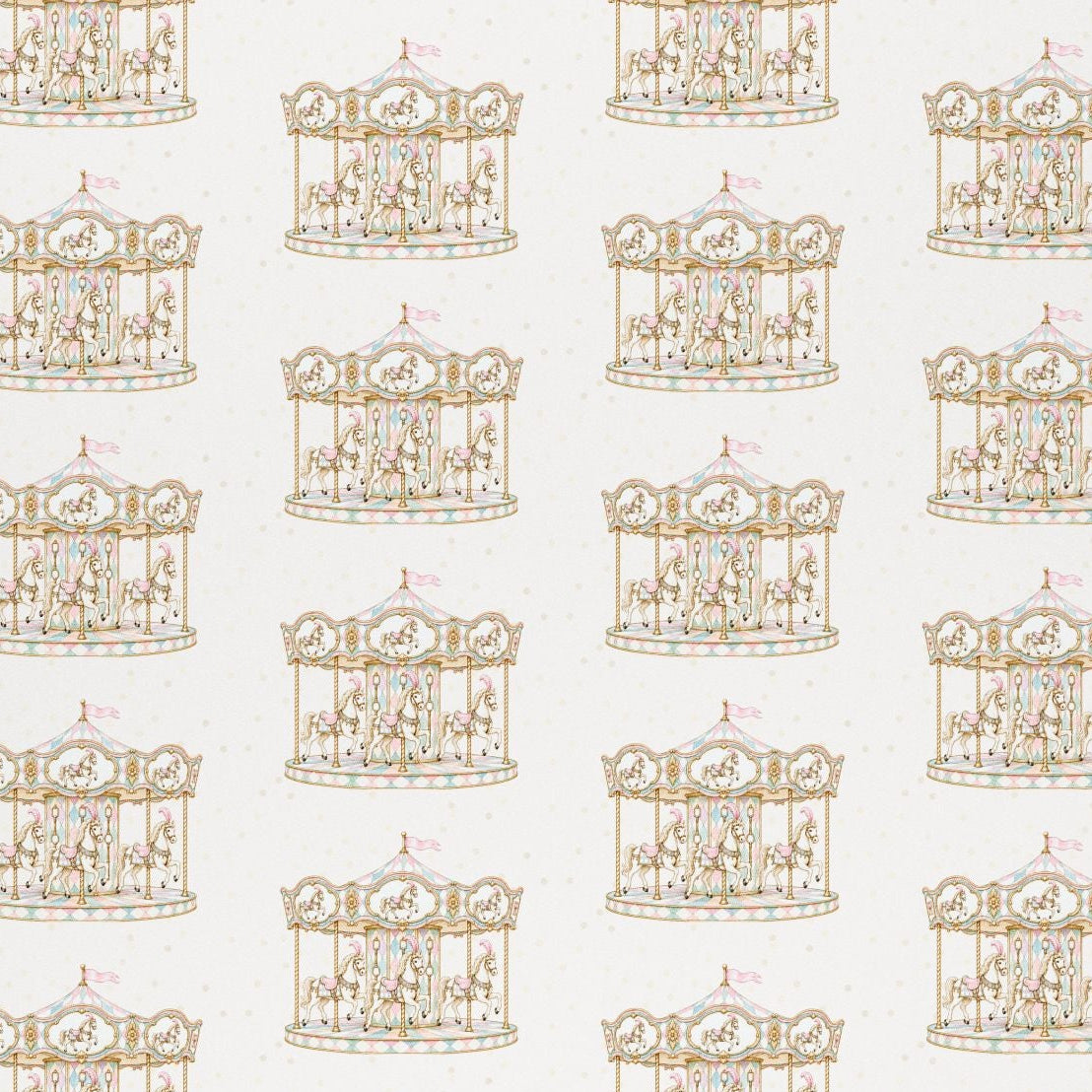 A wrapping paper pattern featuring a repeating pattern of gold carousel illustrations, shown flat against a white background.