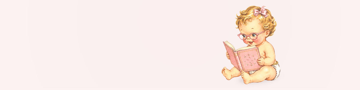 A vintage-style illustration of a baby with curly blonde hair and glasses sitting and reading a pink book, placed on the right side of a very light pink background.