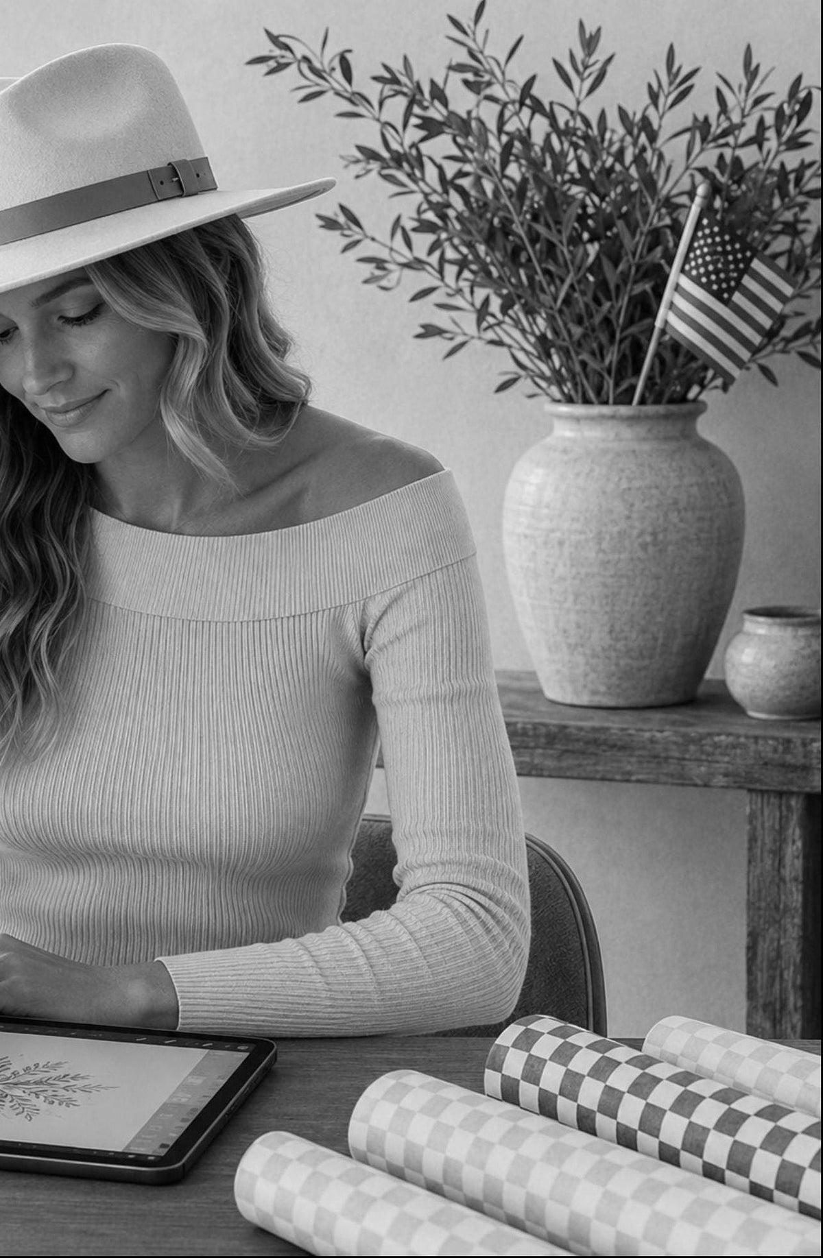 The founder of Harlow Day wearing a wide-brimmed hat and off-the-shoulder sweater sits at a table, drawing on a tablet. Rolled wrapping paper and a vase of foliage are visible in the background.