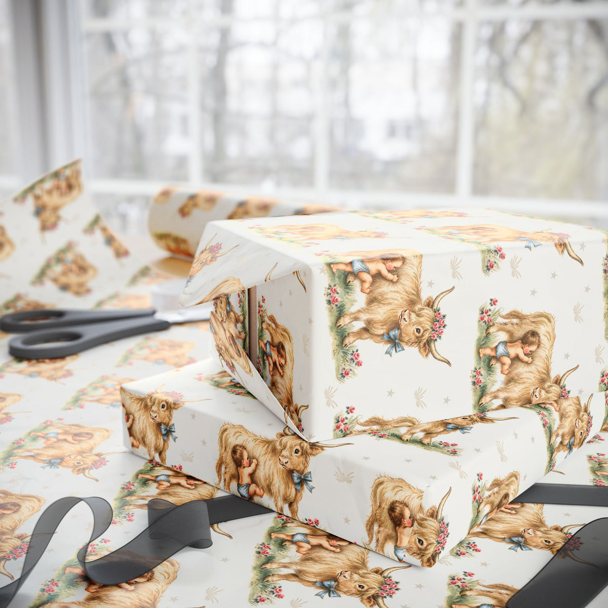 Gift wrap with Highland cow and baby design, scissors, and ribbons on a neutral background.