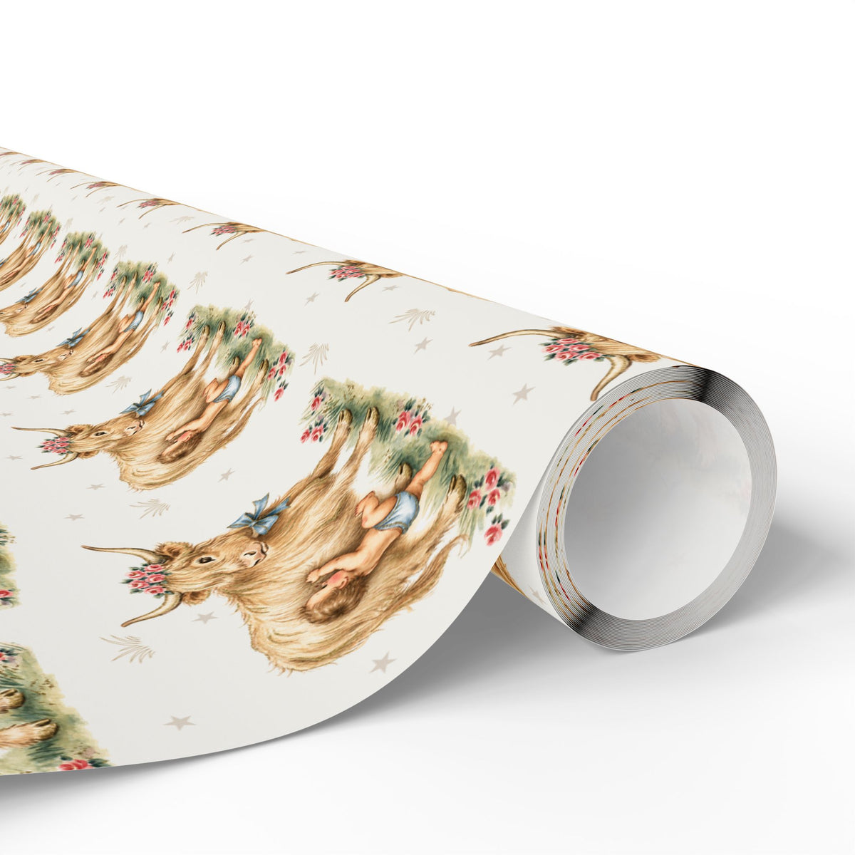 Roll of paper with cow, baby and floral design on a white background.