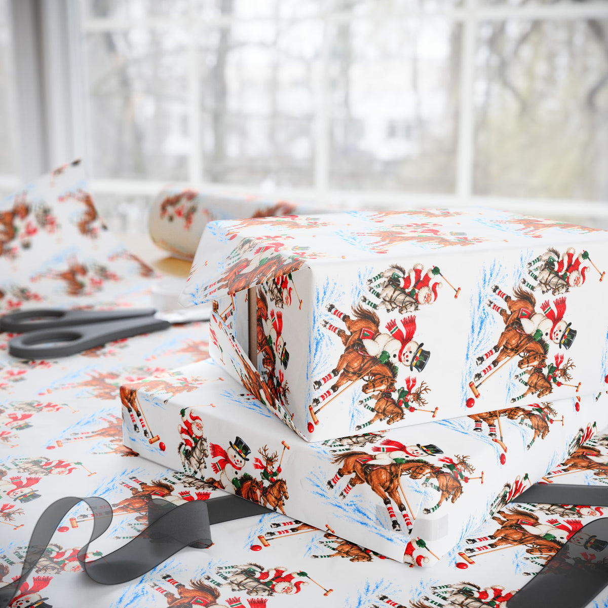 Stacked Christmas gifts wrapped in vintage-style polo match wrapping paper on a wrapping table with scissors and black ribbon