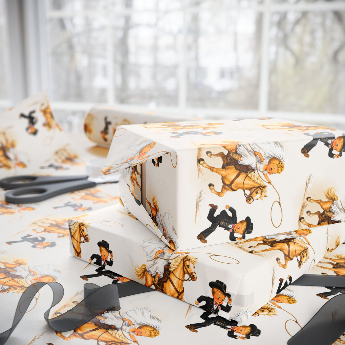 Western gift wrap with a cowgirl bride swinging a lasso on a palomino horse and a groom in a tuxedo and cowboy hat running, on a wrapped gift.
