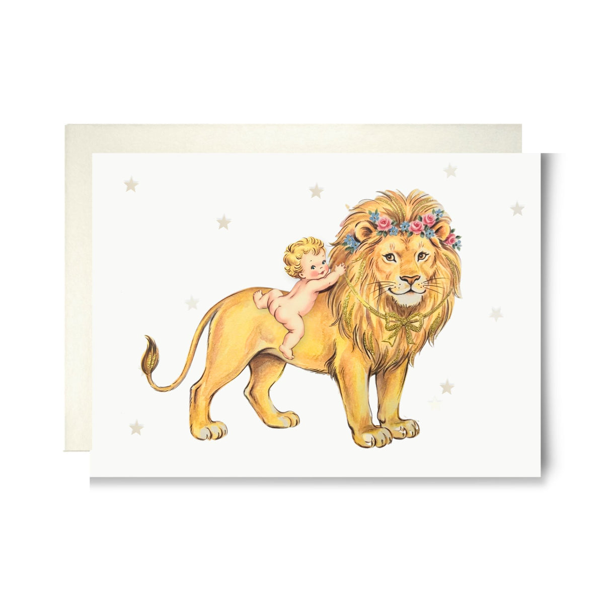 Vintage-style lion new baby card with a curly-haired baby riding a gentle lion wearing a flower crown, surrounded by tiny stars