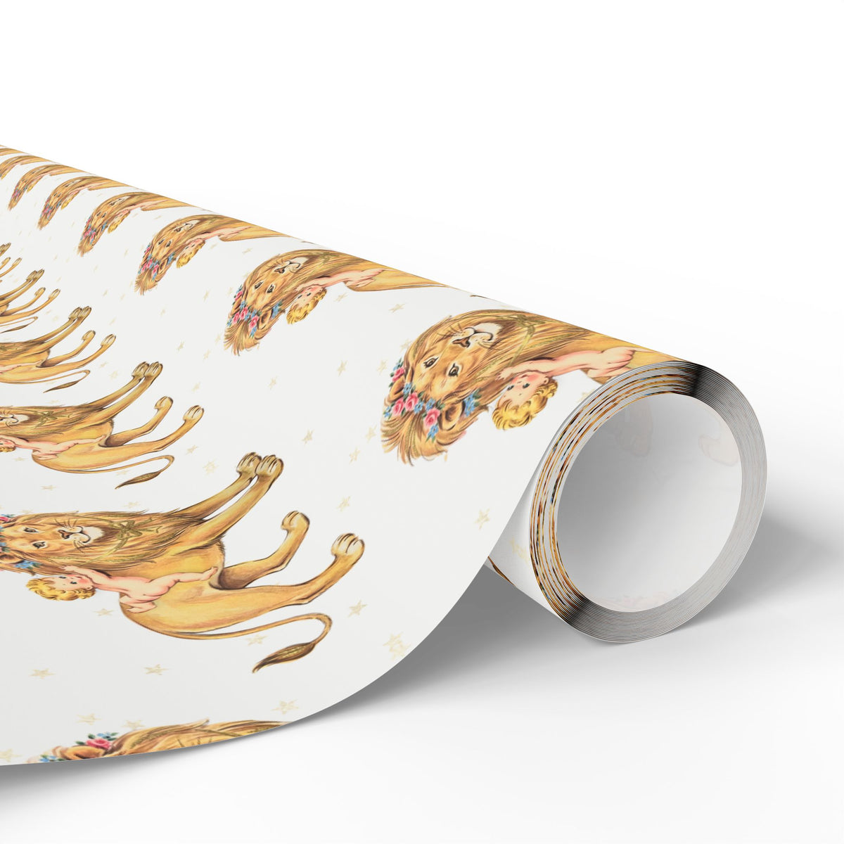 A roll of baby shower wrapping paper featuring a repeating vintage-style print of golden lions with floral crowns and darling babies on an ivory background.