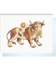 Vintage-style new baby boy card with a baby in blue climbing on a friendly brown and white cow wearing a big bow.