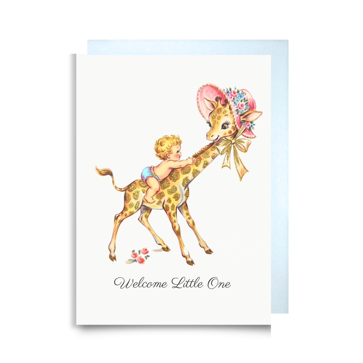 Vintage-style new baby boy card with a baby in blue riding a giraffe in a flowered bonnet and the words Welcome Little One