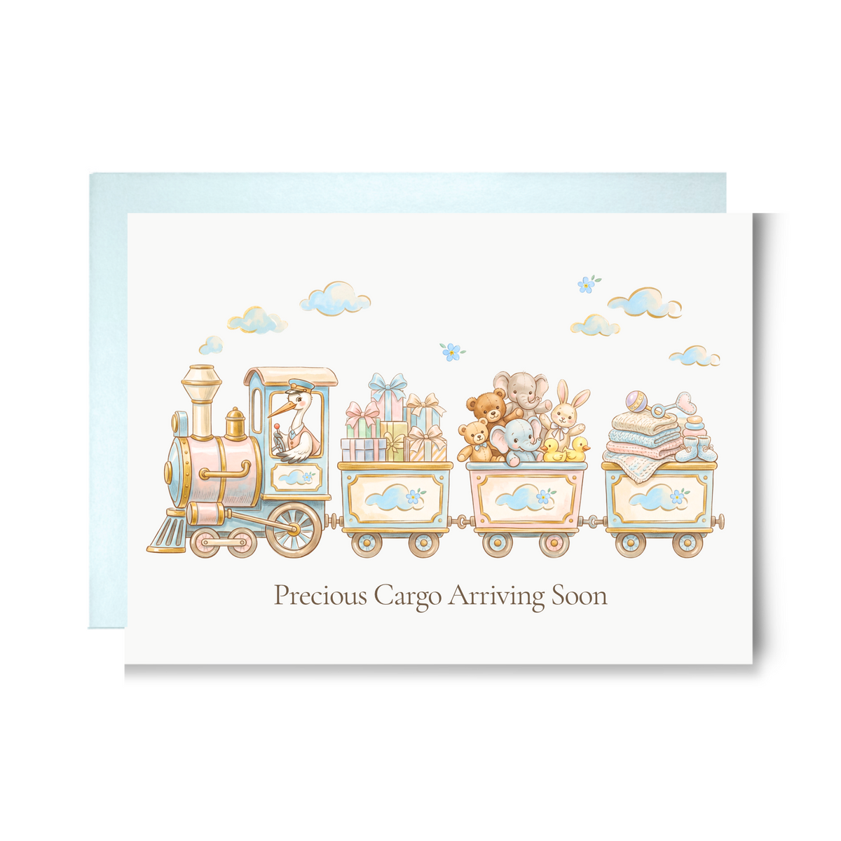 Baby shower card with a stork driving a pastel toy train carrying gifts, teddy bears, bunnies and blankets, reading Precious Cargo Arriving Soon