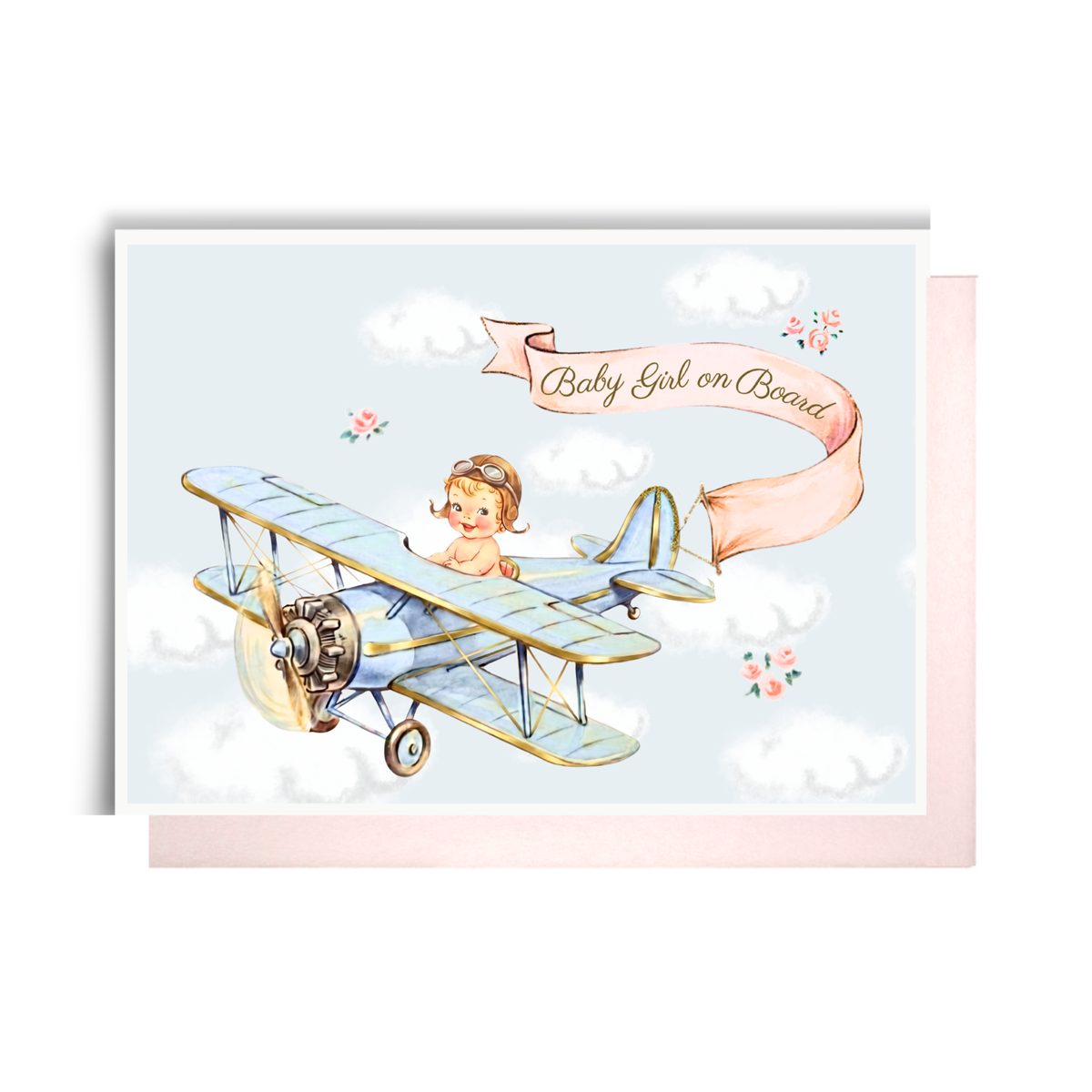 Vintage-style new baby girl card with a baby pilot in a blue biplane and a pink Baby Girl on Board banner among clouds