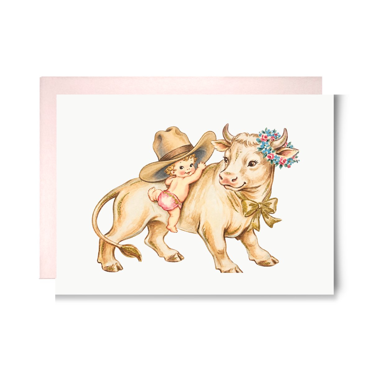 Vintage-style new baby girl card with a baby in a cowboy hat climbing a cream cow wearing a flower wreath and bow.