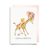Vintage-style new baby girl card with a baby riding a giraffe wearing a pink flowered bonnet and the words Welcome Little One.