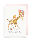 Vintage-style new baby girl card with a baby riding a giraffe wearing a pink flowered bonnet and the words Welcome Little One.