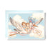 New twin boys card with a stork in a flower-trimmed hat carrying two baby boys in blue through the clouds, with bluebirds and an A Perfect Pair tag