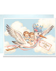 New twin boys card with a stork in a flower-trimmed hat carrying two baby boys in blue through the clouds, with bluebirds and an A Perfect Pair tag