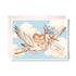New twin girls card with a stork in a flower-trimmed hat carrying two baby girls in pink through the clouds, with bluebirds and an A Perfect Pair tag